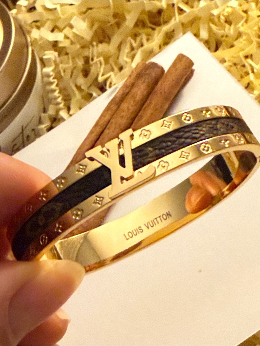 Gold and Brown Monogram Bangle Bracelet - Picture 6 of 8